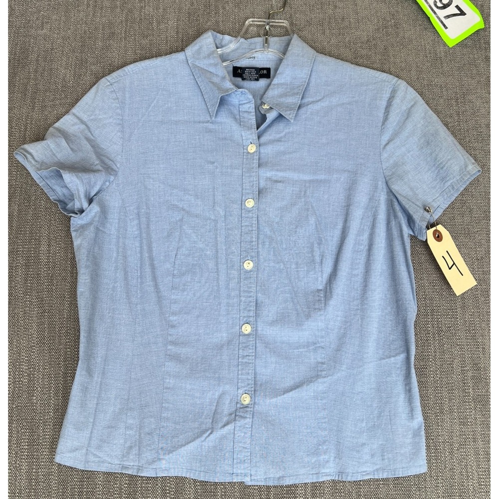 Ann Taylor Shirt Top Women 4 Blue Stretch Short Sleeve Collared Casual Button Up